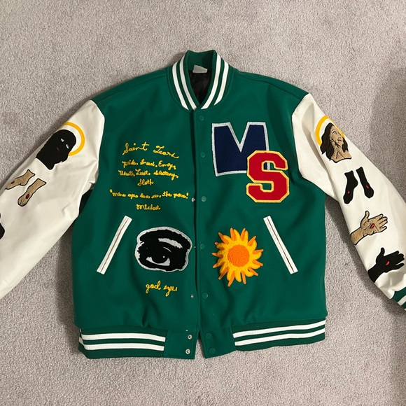 Saint Savior Graphic Print Varsity Jacket Vintage Baseball Jacket Large - Picture 2 of 7